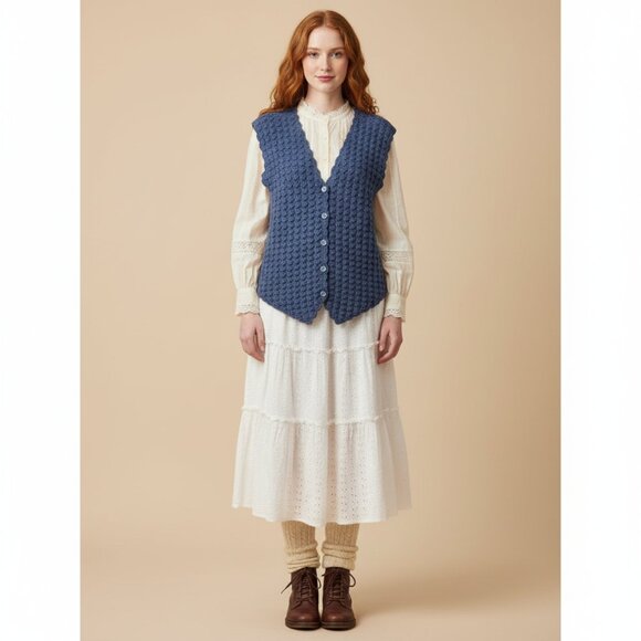 Koret City Blues Womens Large Cottagecore Ramie Blue Knitted Vintage Vest - Picture 1 of 13